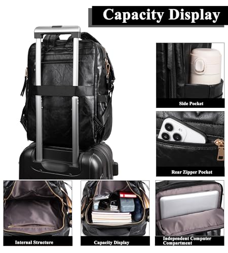 myfriday PU Leather Large Backpack Purse for Women Casual Travel Backpack Convertible Satchel Handbags With Luggage Strap (Black) - color: Black