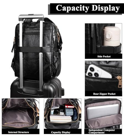 myfriday PU Leather Large Backpack Purse for Women Casual Travel Backpack Convertible Satchel Handbags With Luggage Strap (Black) - color: Black