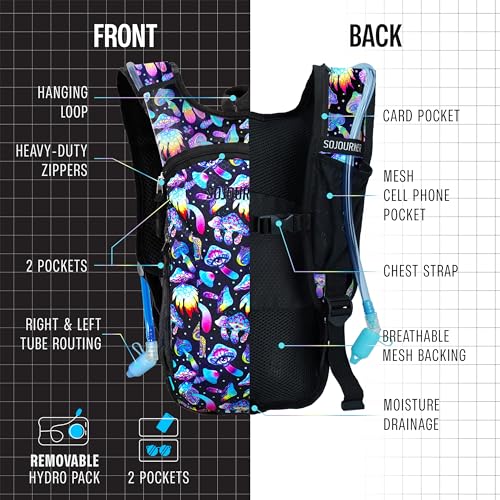 Sojourner Rave Hydration Pack - Hydration Backpack - Hydropack with 2L Bladder - Water Backpack for Festivals, Hiking, Running, Biking and More - color: Magic Mushroom