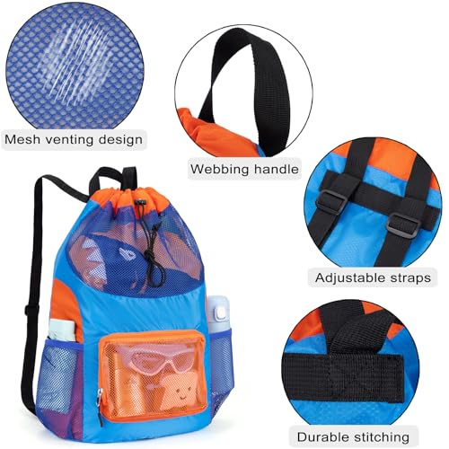 Swim Bag for Kids Mesh Beach Backpack for Boys Lightweight Drawstring Beach Bag Swimming Pool Sports Gym String Bag (Blue) - color: Blue