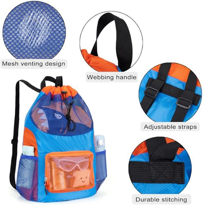 Swim Bag for Kids Mesh Beach Backpack for Boys Lightweight Drawstring Beach Bag Swimming Pool Sports Gym String Bag (Blue) - color: Blue
