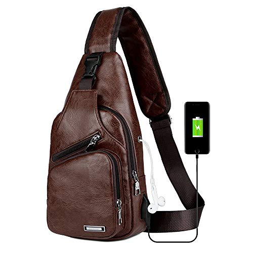 Peicees Leather Sling Bag Mens Crossbody Bag Chest Bag Sling Backpack for Men with USB Charge Port - color: Dark Brown, size: Large