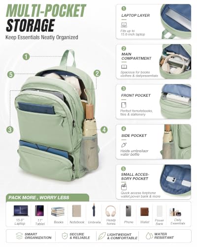 BJLFS Green Cute School Backpack with Laptop Compartment Small Travel Laptop Backpack for Women Men Waterproof College Backpack Simple School Bag for Teens Girls Boys - color: A1-green