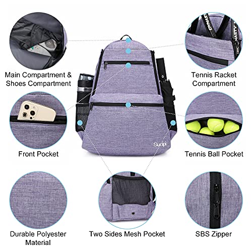 Sucipi Tennis Bag Professional Tennis Backpack for Men and Women Racket Bags Holds 2 Rackets with Ventilated Shoe Compartment - color: Purple