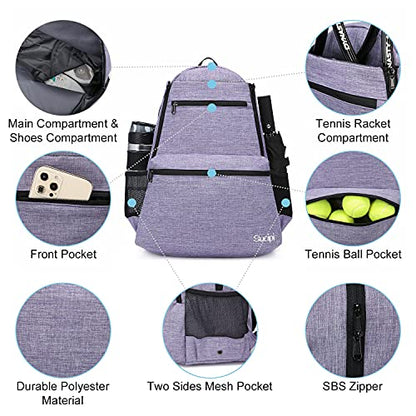 Sucipi Tennis Bag Professional Tennis Backpack for Men and Women Racket Bags Holds 2 Rackets with Ventilated Shoe Compartment - color: Purple