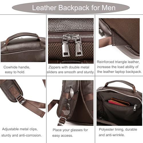 LUUFAN Genuine Leather Backpack Men Casual Daypack 15.6 Inch Laptop Rucksack Business Travel Outdoor Shoulder Bag with Trolley Sleeve (Coffee) - color: 8028-coffee