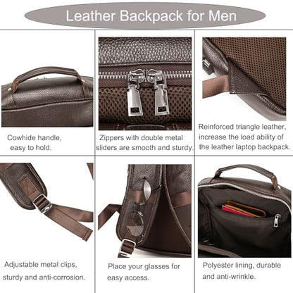 LUUFAN Genuine Leather Backpack Men Casual Daypack 15.6 Inch Laptop Rucksack Business Travel Outdoor Shoulder Bag with Trolley Sleeve (Coffee) - color: 8028-coffee