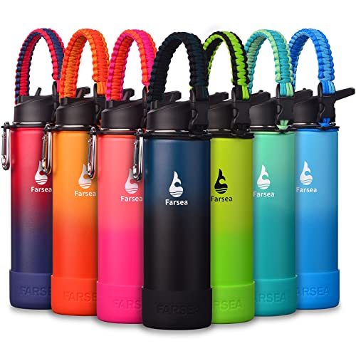 Farsea Insulated Water Bottle With Paracord Handle, Protective Silicone Boot and 2 Lids (Straw Lid & Spout Lid), Stainless Steel Water Bottle Wide Mouth, Double Wall Sweat-Proof BPA-Free, 24 oz - color: Indigo/Balck, size: 24 Ounces