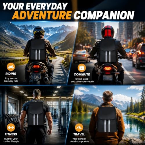 Motorcycle Backpack with Side Pockets,Waterproof Helmet Backpack,Reflective Large Capacity for Men & Women Commuting - color: Aterrimus