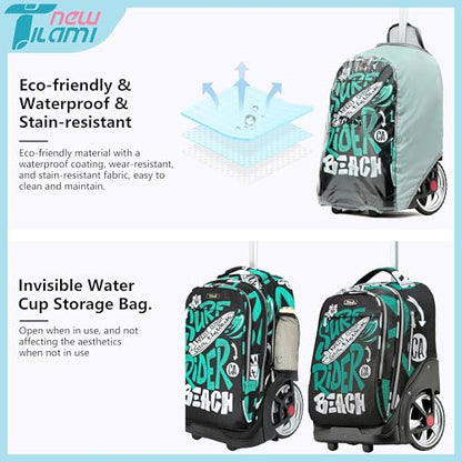 NEW TILAMI 19 inch Rolling Backpack Teens Rolling Backpack Cute Wheeled Laptop Backpack Bookbag Roller Travel Bag College, Surf Rider - color: Green Surf Rider