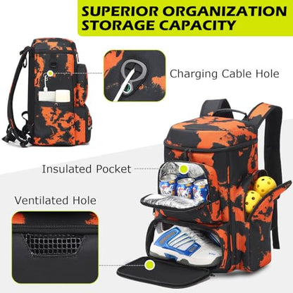 HAMBOLY Premium Pickleball Bag for Men & Women — Large Pickleball Backpack with Padded Paddle Pocket & Shoe Compartment, Tournament Ready with Insulated Cooler & Fence Hook - color: Orange Graffiti