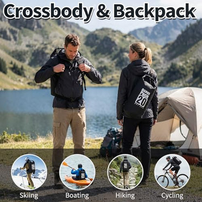 Waterproof Backpack 20L, Roll Top Closure Dry Bag Water Proof Black, Lightweight Floating Dry Bag for Kayaking Boating Hunting, Durable Hiking Backpack with IPX8 Waterproof Phone Pouch-Black, 7" - color: Black dry bag 20L + Phone pouch 7"