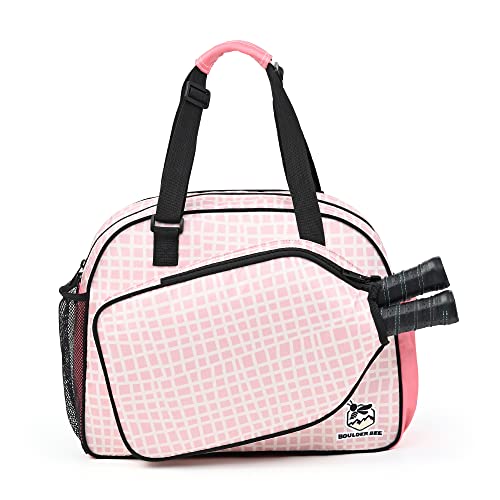 Boulder Bee Pickleball Bags, Premium Pickleball Tote Bag for Girls, Women’s Hand/Shoulder Gym Bag w Water Bottle Holder, with Pickleball Racquet/Paddle Holder - color: Pink Plaid