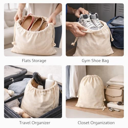 Cotton Shoe Bags with Drawstring | Dustproof, Washable Travel Shoe Pouch | Natural Canvas Organizer for Men & Women | Fits Sneakers, Sandals, Slippers | 14” x 17” (Pack of 2) - color: Cotton, style: Pack 2