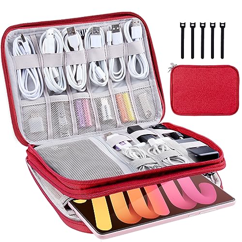 Electronics Organizer - Travel Cable Organizer Bag, Water Resistant Double Layers Pouch for Cord, iPhone, iPad Mini - Gift for Men Electronic Accessories Storage Case with 5 Cable Ties, Red - color: Red