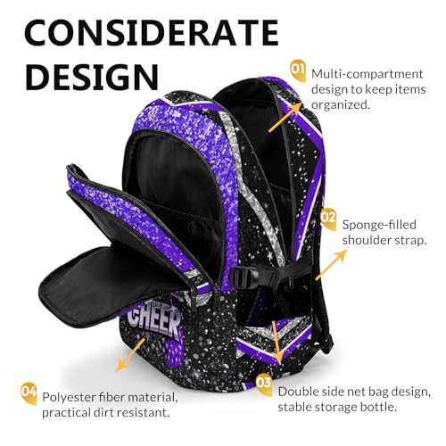 Personalized Girls Schoolbag Custom Cheerleader Backpack, 17 Inch Kids Back to School Cheer Daypack for Elementary Middle School Travel - color: Purple