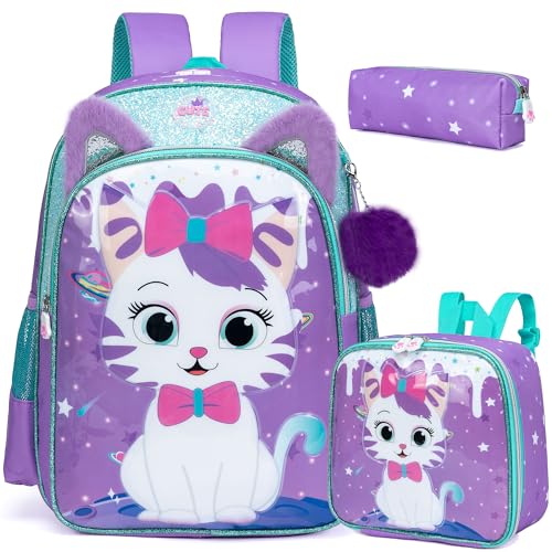 Backpack for School Backpacks for Girls Backpack with Lunch Box Cute Schoolbag for Kids School Supplies for Kids Cute Cat School Bag for Girls - color: Purple Cream Cat