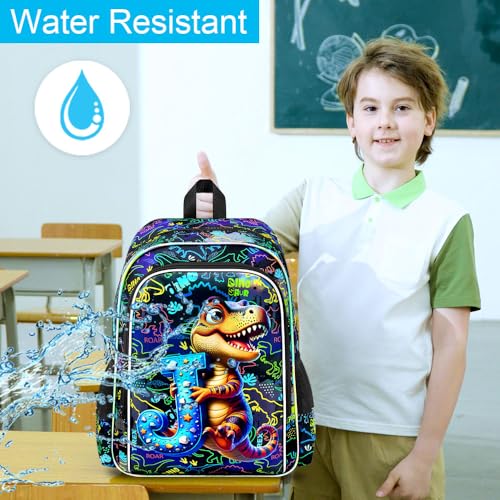 3Pcs Dinosaur Backpack, 16" Boys Bookbag with Lunch Box, Kids School Backpacks Set for Elementary Preschool Kindergarten (Balck) - color: Dinosaur Black 01