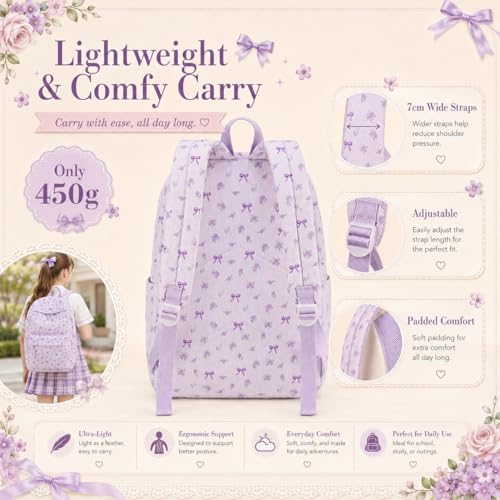 LEDAOU School Backpack for Teen Girls Elementary Middle School Bookbag Kids Backpacks Women Laptop Backpack Travel Daypack (Flower Bow - Purple) - color: Flower Bow - Purple