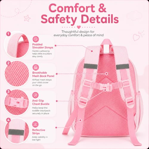 BTOOP Kids Backpack for Girls 3-6, Preschool Kindergarten Backpack with Insulated Lunch Compartment & Chest Strap, Cute Lightweight School Travel Bag Fits A4 Folder - color: Pink Stripes-15'', size: Age 3-6 (14.5" H Fit Folder)