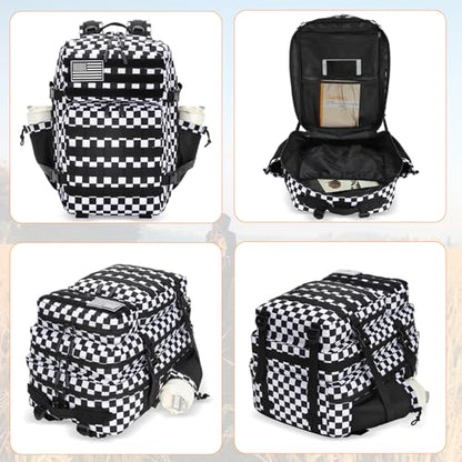 Lovelinks21 25L Tactical Military Backpack Small Travel Rucksack for Men and Women Assault Pack Bug Out Bag Molle Daypack Gym Backpack with Bottle Holder (Black White Checkered) - color: Black White Checkered