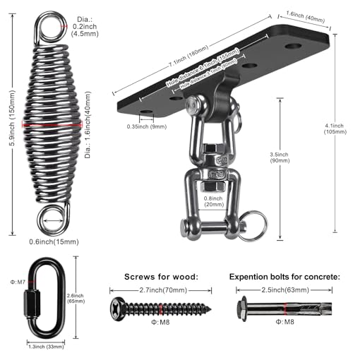 Dolibest Heavy Bag Hanger, Wall Ceiling Mount Hook 360° Rotation Wood Beam Holder Body Weight Strength Training Systems, Wood Beam Holder with Spring and 1 Carabiner, 4Wood Screws for Wooden Sets - color: Heavy Bag Hanger With Spring