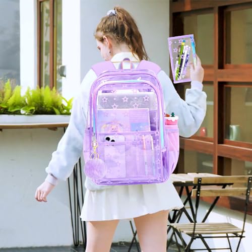 gxtvo 3PCS Clear School Backpack Heavy-Duty Set for Women & Teen Girls, 17" Purple See Through Bookbag with Rainbow Strap, Cute Star Transparent Bag - color: Purple Star Rainbow Clear Backpack Set