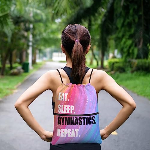 Drawstring Backpack Eat Sleep Gymnastics Repeat, Gym Waterproof String Bag, Outdoor Sports Drawstring Sackpack for Women - color: Eat Sleep Gymnastics Repeat