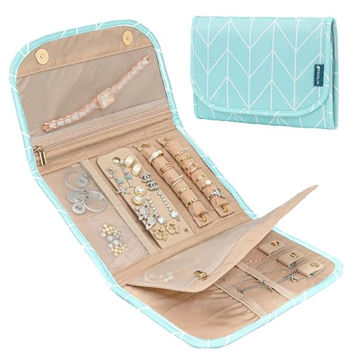 PAVILIA Travel Jewelry Case Organizer, Foldable Jewelry Roll Bag for Earrings, Rings, Necklaces, Bracelets, Accessories, Compact Travel Pouch Wallet for Women, Anti-Tangle (Chevron Teal) - color: Chevron Teal