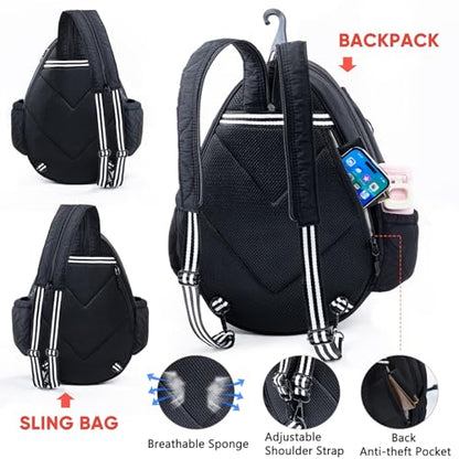 Quilted Tennis Bag for Women – Tennis Backpack & Crossbody Sling | Holds 2 Rackets or 3 Pickleball Paddles | Lightweight Badminton Racket Bag, Tennis Tote & Sports Backpack - color: Black