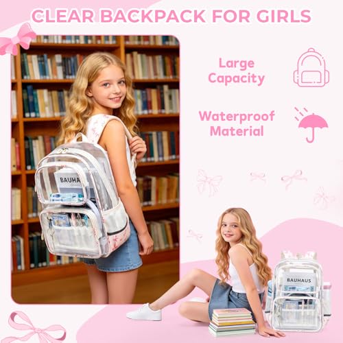Sisipoet Clear Backpack for Girls with Bow Print, Heavy Duty Transparent Bookbag for School, Stadium, and Concert, Beige - color: White/Bow