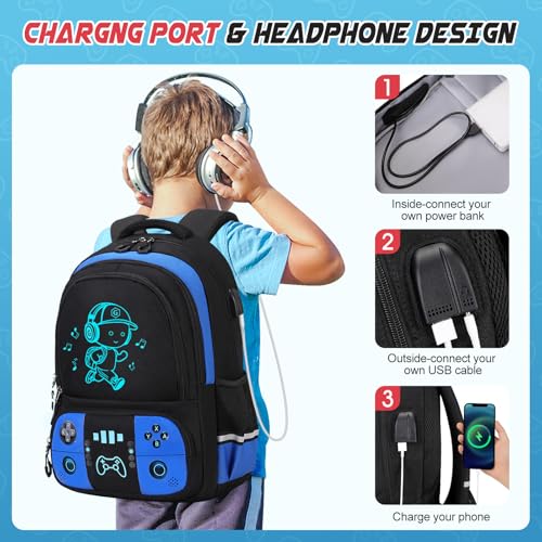 Bevalsa Backpack for School Boys, Cool Luminous Gamer Boys Schoolbag with Lunch Box & Pencil Case Set for Kids Teens Elementary Middle School, Bookbag Glow In The Dark(Blue School Backpack) - color: Blue School, style: Backpack