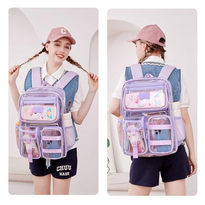 LXYGD Clear Backpack for School Stadium Approved Transparent Heavy Duty See Through College Bookbag Travel Work Daypack Security for Teens Girls Women Students (Purple) - color: Purple