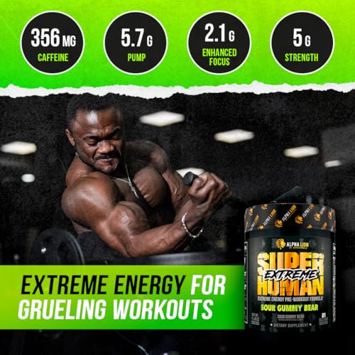 ALPHA LION Superhuman Extreme High Stim Pre Workout Powder, Beta Alanine, L-Taurine & 356mg Tri-Source Caffeine for Sustained Energy, Nitric Oxide & Citrulline for Pump (21 Servings, Sour Gummy Bear)