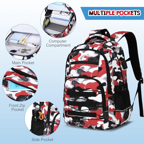 ACESAK Camo Backpack for Boys, Tactical Kids Backpack Boys, School Bags for Boy Children Teens Kids Elementary Middle High School, Military Bookbag and Lunch Bag Pencil Case Set with USB Charging Port - color: Red White