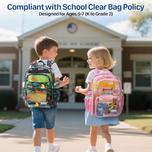 Bagseri Clear Backpack for Boys, 15 Inch Heavy Duty Kids Transparent Bookbag for School Kindergarten to 2nd Grade, Fits 12.5 Inch Folders, High Visibility Reflective Strips, Black Dinosaur - color: 1pcs, B-black Dinosaur, style: Backpack