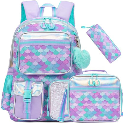 Meetbelify Mermaid Backpack for Girls School Backpack with Lunch Box for Elementary Student Cute School Bag Kids Bookbag for Girls 8-10 - color: Mermaid