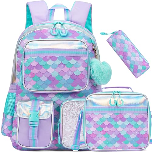 Meetbelify Mermaid Backpack for Girls School Backpack with Lunch Box for Elementary Student Cute School Bag Kids Bookbag for Girls 8-10 - color: Mermaid