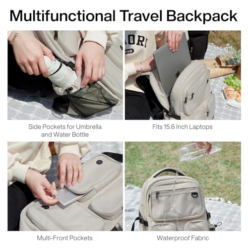 mixi Travel Laptop Backpack, Lightweight Durable School Bookbag Men Woman 15.6" Computer Bag, Water Resistant Outdoor Hiking Backpacks With Multifunction Pockets, Beige - color: Beige