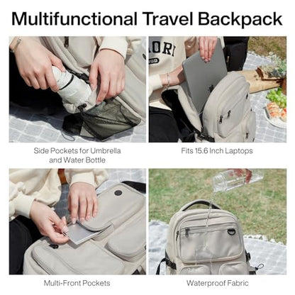 mixi Travel Laptop Backpack, Lightweight Durable School Bookbag Men Woman 15.6" Computer Bag, Water Resistant Outdoor Hiking Backpacks With Multifunction Pockets, Beige - color: Beige