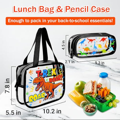 SHPMXUPW 3PCS Clear Black Backpack for School - Dinosaur Kids Clear Backpacks for Boys and Girls, Heavy Duty Transparent Bookbag with Lunch Bag and Pencil Case - See Through PVC Transparent Bookbag - color: Black-Dinosaur