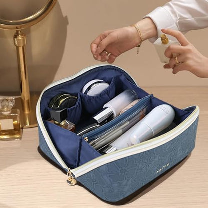 Prite Makeup Bag for Women Travel Waterproof Vegan Leather Cosmetic Bag Open Flat Toiletry Bag With Clear Divider and Handle (Blue Flower, Medium) - color: Blue Flower, size: Medium