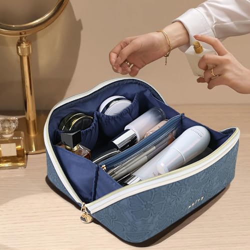 Prite Makeup Bag for Women Travel Waterproof Vegan Leather Cosmetic Bag Open Flat Toiletry Bag With Clear Divider and Handle (Blue Flower, Large) - color: Blue Flower, size: Large