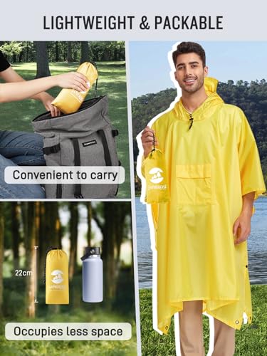 SaphiRose Extra Thick Hooded Rain Poncho Double Layer Waterproof Raincoat Jacket for Men Women Adults - color: Yellow