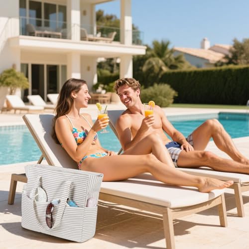 LEDAOU Beach Bag Waterproof Sandproof Women Beach Tote Pool Bag with Zipper for Swim Gym Grocery Travel with Wet Pocket | Sandproof - color: Khaki Stripe