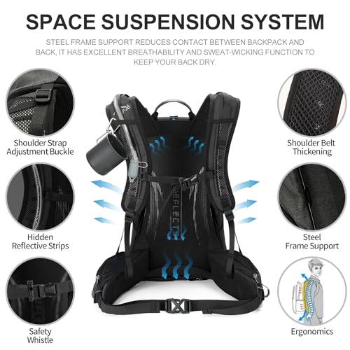 IX INOXTO Hiking Backpack, Waterproof Hiking Daypack with Rain Cover, Lightweight Travel Camping Backpack for Men Women (Black Without 3L)