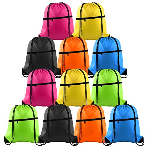 KUUQA 12Pcs Drawstring Bag Sports Gym String Backpack Bulk Cinch Bag Sackpack with Zipper for School Yoga Sport Gym Traveling - color: Colorful