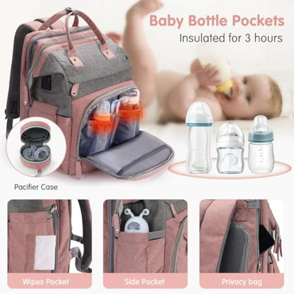 UR Choice Baby Diaper Bag With Changing Station, Travel Waterproof Diaper Bagpack For Mom Dad With USB Charging Port, Large Capacity & Multifunctional With Insulated Pacifier Case - Pink