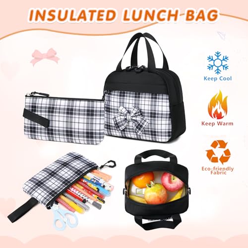 GeeWin School Backpack for Girls, Bookbags School Bag for Teen Girl Elementary Middle School Student, Cute Stylish Plaid Girls Backpack with Matching Insulated Lunch Bag & Pencil Bag(Black) - color: Black