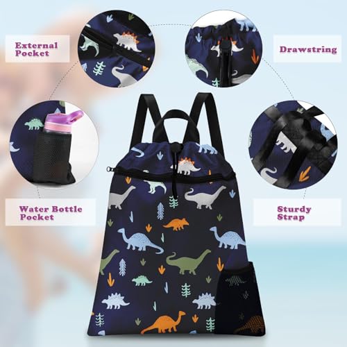 Funny Dinosaur Drawstring Backpack, 15” x 17” Waterproof Swim Bag for Beach Swimming Pool, Lightweight Foldable Gym Bag with Water Bottle Holder for Sports Travel - color: Funny Dinosaurs